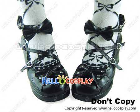 Black Ankle Straps With Bows Heart Shaped Buckle Lolita Shoes