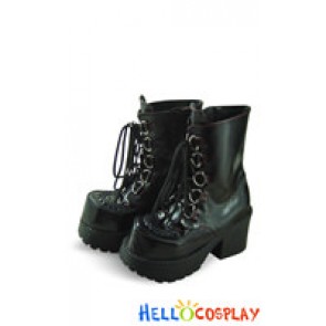 Black Red Line Lace Shoelace Chunky Punk Lolita Ankle Boots