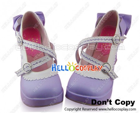 Purple White Back Bow Ruffle Strap Chunky Princess Lolita Shoes