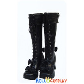 Black Lace Up Zipper Bows Chunky Princess Lolita Boots