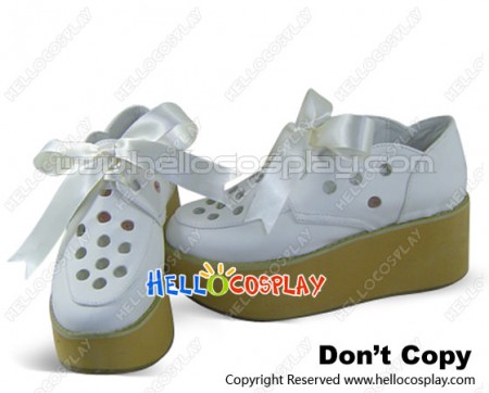 White Ribbon Lace Round Hole Platform Punk Lolita Shoes