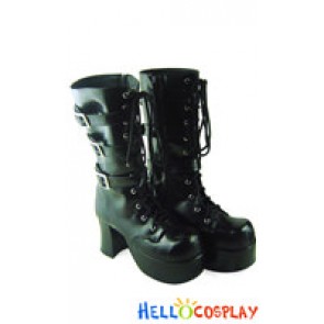 Matte Black Buckle Straps Lace Up Chunky Punk Lolita Boots