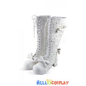 Matt White Bows Heart Shaped Chunky Princess Lolita Boots