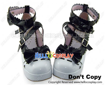 Black And White Bow Crisscross Ankle Straps PU Lolita Shoes
