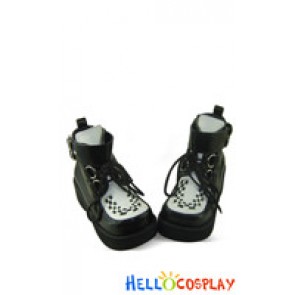 Black And White Buckles Chunky Punk Lolita Ankle Boots