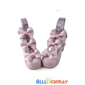 Princess Lolita Shoes Chunky Pink Mirror Three Bows Lace Ankle Strap