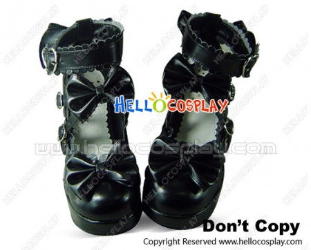 Matte Black Ruffle Bows Chunky Princess Lolita Shoes