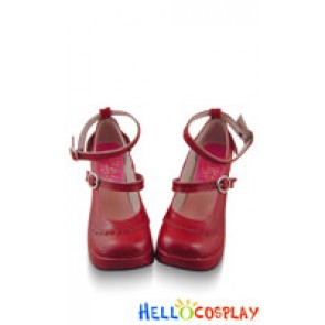 Wine Red Back Ruffle Strap Chunky Princess Lolita Shoes