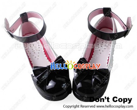 Princess Lolita Shoes Black Mirror Chunky Wide Ankle Strap Bow White Lace