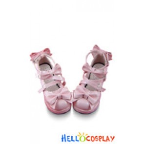 Mirror Pink Ruffle Bows Straps Chunky Princess Lolita Shoes