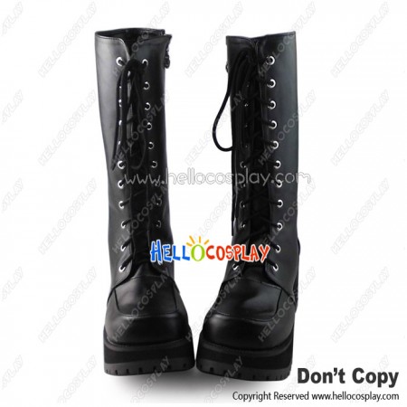 Punk Lolita Boots Black Matte Lace Up Zipper Non-Slip Bottom Chunky Heel