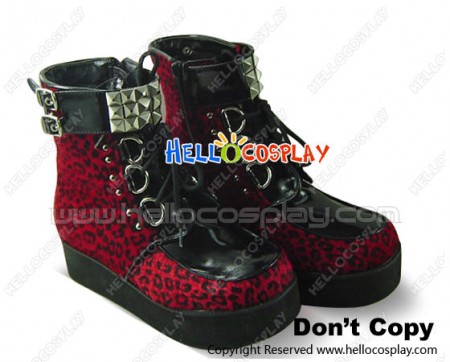 Red Leopard Lace Buckle Straps Platform Punk Lolita Boots