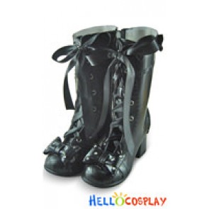 Black Bows Satin Lace Up Chunky Princess Lolita Boots