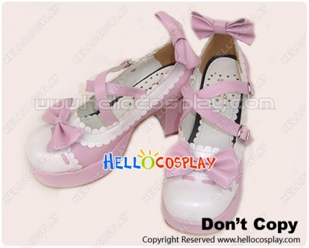 Pink White Bow Crossing Straps Chunky Princess Lolita Shoes