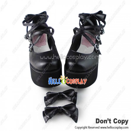 Princess Lolita Shoes Black Matte Sweet Bows Crossing Straps Heart Shaped Buckles