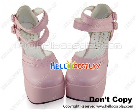 Matt Pink Double Ankle Straps Ruffle Chunky Sweet Lolita Shoes