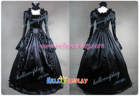 Victorian Gothic Satin Jacquard Black Dress Ball Gown