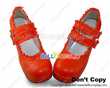 Red Satin Ruffle Double Straps Chunky Sweet Lolita Shoes
