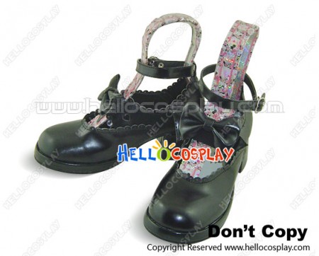 Matte Black Heart Shaped Ruffles Chunky Princess Lolita Shoes