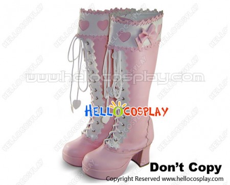 Pink White Heart Ruffle Chunky Princess Lolita Long Boots