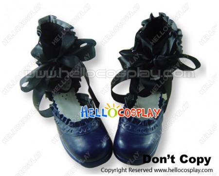 Deep Blue Ballet Ribbon Lace Chunky Sweet Lolita Shoes