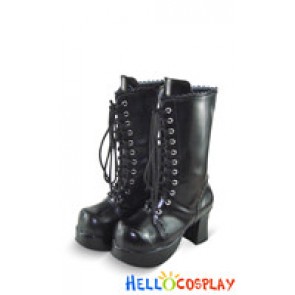 Matte Black Lace And Zipper Ruffle Chunky Punk Lolita Boots