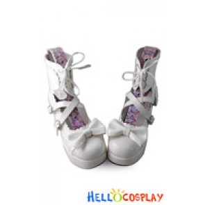 Lolita Shoes Sweet White Mirror Ruffle Wide Ankle Crossing Straps Bow Chunky