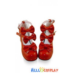 Mirror Red Three Bows Ruffle Chunky Princess Lolita Shoes