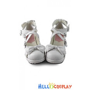 Lolita Shoes White Matte Lace Bows Princess Ankle Crossing Straps Heart Shaped Buckles