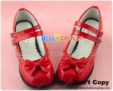 Mirror Red Ruffle Instep Straps Chunky Princess Lolita Shoes