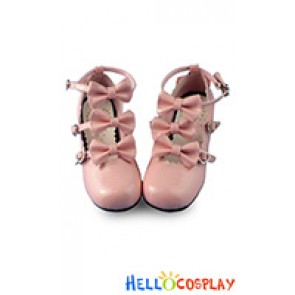 Sweet Lolita Shoes Matte Pink Four Bows Straps Lace Heart Shaped Buckle