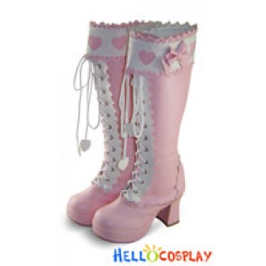 Pink White Heart Ruffle Chunky Princess Lolita Long Boots