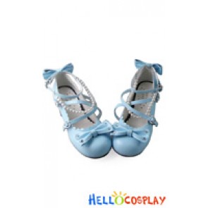 Princess Lolita Shoes Blue Matte Mermaid Pearls String Chunky Straps
