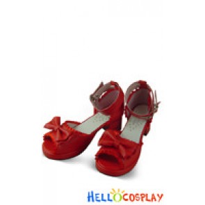Matt Red Open Toe Satin Ruffle Chunky Princess Lolita Shoes
