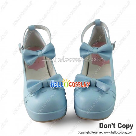 Sweet Lolita Shoes Blue Calmly Bows Ankle Strap Chunky Heel
