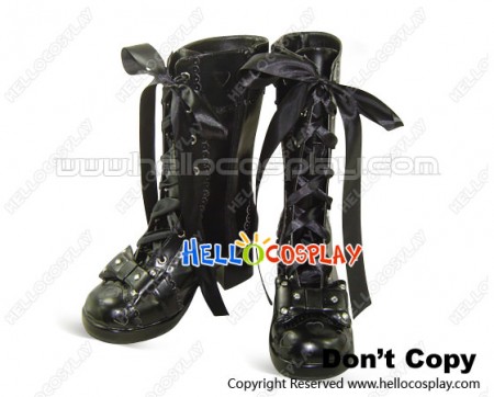 4.5 Heel Black Bows Satin Lace Up Chunky Princess Lolita Boots