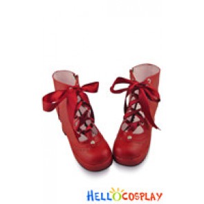 Red Satin Lace Ruffle Chunky Princess Lolita Short Boots