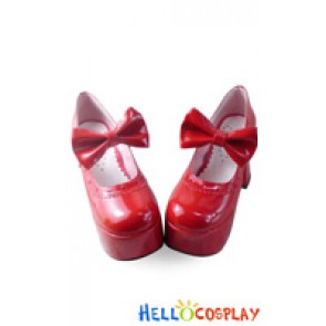 Sweet Lolita Shoes Mirror Red IW Charlotte Lace Bow High Chunky