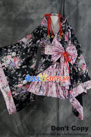 Lolita Cosplay Black Flowers Japan Kimono Maid Dress Costume