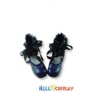 Deep Blue Ballet Ribbon Lace Chunky Sweet Lolita Shoes