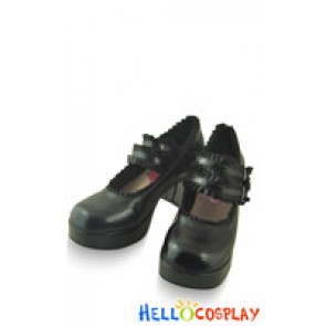 Matte Black Satin Ruffle Double Straps Chunky Sweet Lolita Shoes