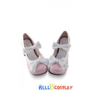 Pink White Instep Strap Bows Chunky Princess Lolita Shoes