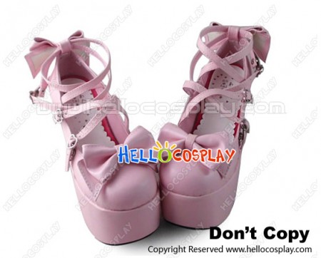 Princess Lolita Shoes Sweet Pink Ankle Crossing Straps High Chunky Bows Buckles