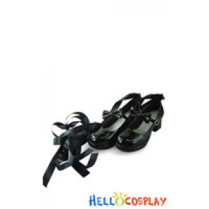 Black Shellac Long Satin Strap Chunky Princess Lolita Shoes