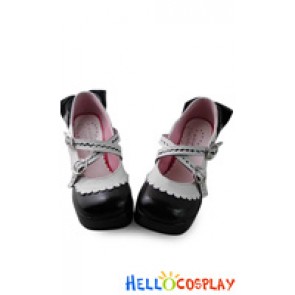 Princess Lolita Shoes Chunky Black White Lace Crossing Straps Bow
