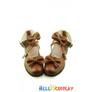 Light Brown Ruffle Bow Crossing Straps Chunky Sweet Lolita Shoes