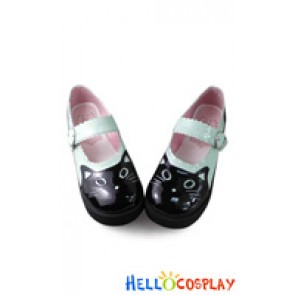 Lolita Shoes Sweet Single Strap Mint Green Mirror Black Cartoon Cat Blocking