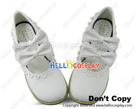 Matt White Bow Straps Ruffle Chunky Princess Lolita Shoes