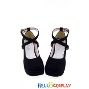 Black Suede Crossing Strap Chunky Punk Lolita Shoes
