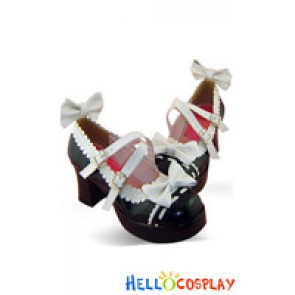White Lace Bow Crisscross Black PU Leather Chunky Heel Shoes